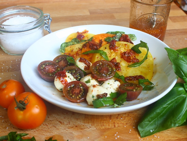Heirloom tomato salad with tomato conserva dressing