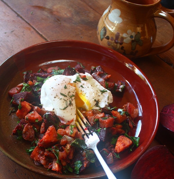Red flannel hash with poached egg