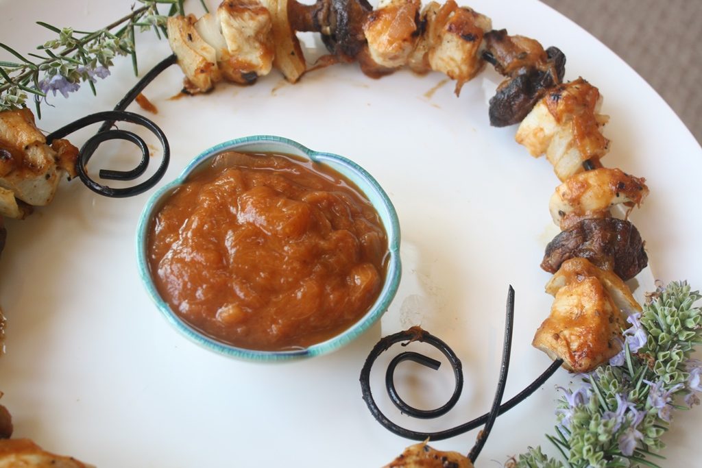 Rhubarb BBQ sauce with chicken kabobs